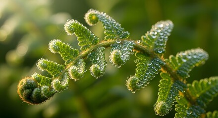 Close-up of a vibrant green fern frond covered in sparkling dew drops under natural sunlight.