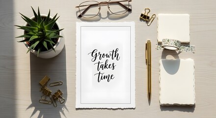 Overhead shot of desk with succulent plant, eyeglasses, golden stationery, and motivational quote 'Growth Takes Time' on white paper.