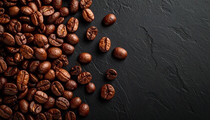 Roasted coffee beans scattered on dark textured surface with rich brown tones and glossy highlights