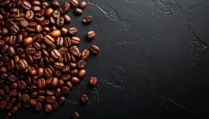 Roasted coffee beans scattered on dark textured surface with rich brown tones and glossy highlights