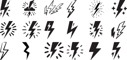 Collection of Black Lightning Bolt Icons and Symbols