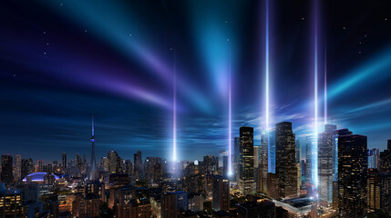 Obraz premium Vibrant urban skyline celebrating the year 2026, radiant lights forming patterns of progress, modern design and optimism, with copy space