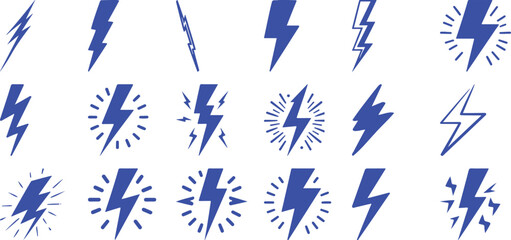 Collection of Blue Lightning Bolt Icons and Symbols on White Background