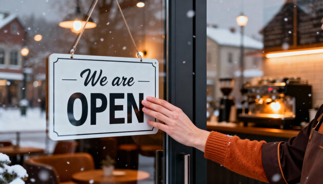 Hand placing "We are OPEN" sign on glass door of cozy cafe during winter snowfall, warm interior visible in background