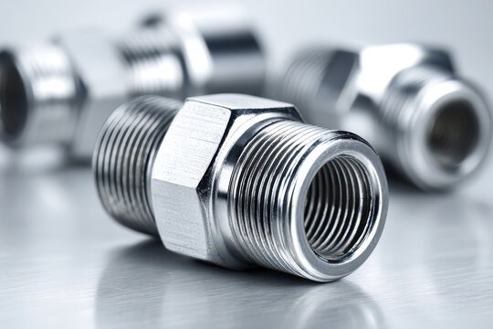 Shiny chrome threaded metal fittings for industrial and plumbing systems.