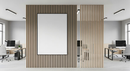 Modern office interior with vertical wood slat divider and blank poster