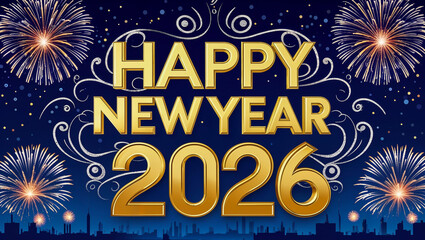text Happy New Year 2026 set against a dark blue background with Fireworks