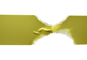 Bright yellow masking tape caught mid-tear, showcasing jagged, fibrous edges, matte texture, and glossy adhesive, isolated on a transparent background, material properties study concept