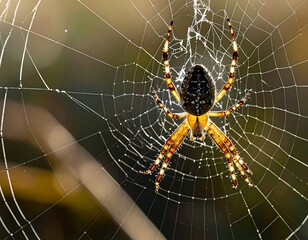 Ornate spider centered in intricate web, sunlit