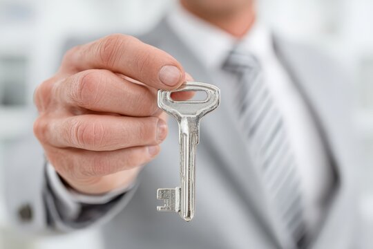 A businessman in a suit holding a shiny silver key in his hand, offering it forward. - Powered by Adobe