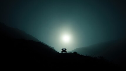 Fototapeta premium Minimal dark cinematic tone. Silhouette on a mountain ridge (sun behind), or off-road car headlights through light fog 