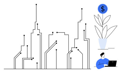 Urban skyline with circuit-thumbs up lines, blue dollar symbol on plant, person using laptop. Ideal for smart city, finance, technology, connectivity, innovation investment minimal concept. A
