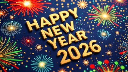text Happy New Year 2026 set against a dark blue background with Fireworks