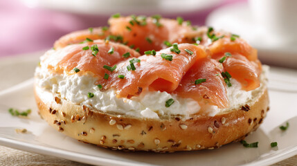 Bagel with cream cheese and smoked salmon, styled breakfast food photo