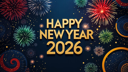text Happy New Year 2026 set against a dark blue background with Fireworks