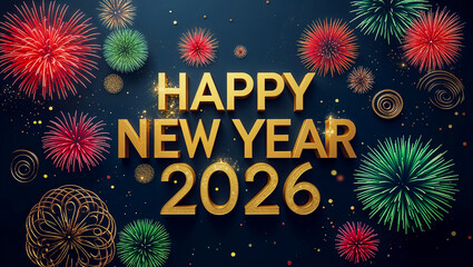 text Happy New Year 2026 set against a dark blue background with Fireworks