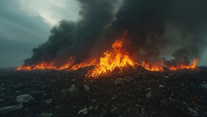 Massive landfill fire emitting thick black smoke under a cloudy sky, highlighting environmental pollution and waste management issues