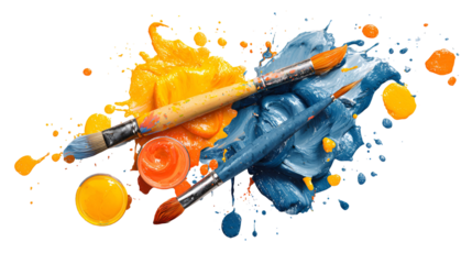 Two paintbrushes with blue and yellow paint splashes isolated on transparent background