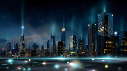 Fototapeta premium Stylized digital illustration of modern city glowing with intelligent lighting systems, symbolizing innovation and smart living, with copy space