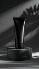 Sleek black tube cosmetic product on a dark stone pedestal, bathed in dramatic shadows