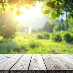 Rustic wooden table outdoors, spring landscape background