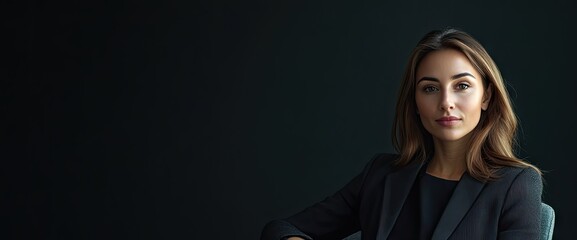 A woman in a gray blazer and maroon top sits against a dark blue background, exuding professionalism