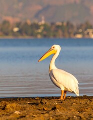 White pelican stands on shoreline at dawn