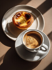 Klasyczna portugalska Pastel de Nata na beżowym talerzyku obok filiżanki mocnej, czarnej kawy. Scena oświetlona kontrastowym światłem słonecznym. © Silent26