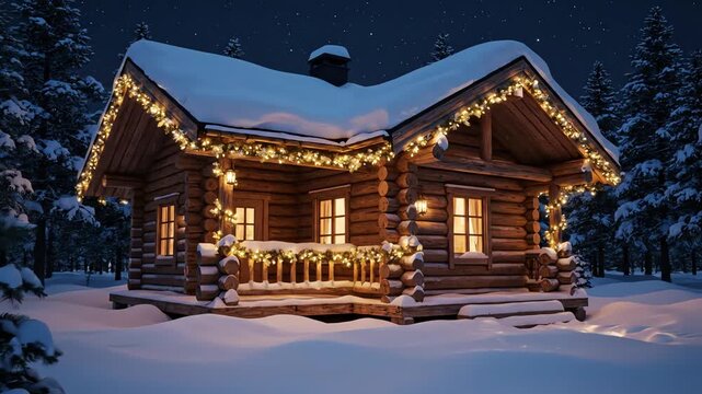 Enchanting Winter Cabin Retreat: Cozy Log Homes Illuminated by Holiday Lights in a Snowy Forest at Night featuring Pine Trees, Stars and Night