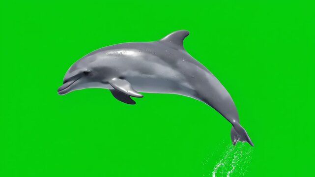 Sequence of a graceful dolphin jumping against a green screen, capturing its marine elegance and fluid motion for visual effects and creative content