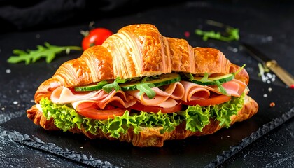 Croissant sandwich, ham, cheese, veggies