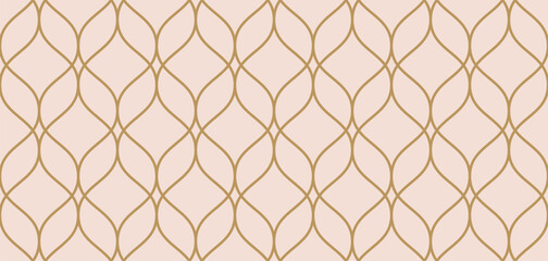 Luxury vector seamless pattern in oriental style. Golden delicate mesh, grid, lattice, thin curved lines. Abstract geometric ornament. Gold and pink background texture. Elegant repeating geo design