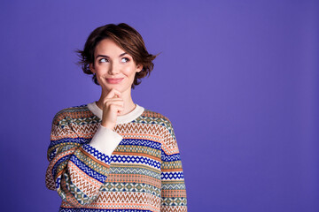 Photo of lovely pretty woman wear stylish clothes arm touch face look empty space isolated on...