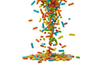 Thousands of tiny, vibrant bar-shaped confectionery sprinkles caught mid-air, textured, glossy against a transparent background with dramatic lighting and bokeh, a dynamic sweet explosion