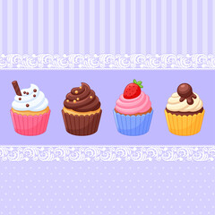 Banner design with cupcakes for baking, bakery shop, cooking, sweet products, dessert, pastry. 
