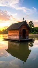 Wooden cabin on a placid lake at sunrise.  A small, rustic wooden house sits on a floating platform amidst a serene lake, perfectly mirroring the sunrise sky