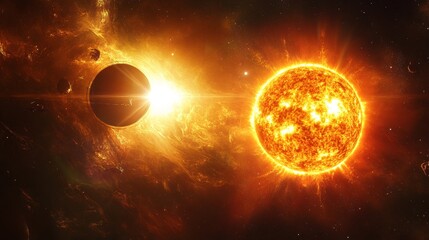 Obraz premium A star surrounded by a small planet in orbit, illuminated by the sun s radiant light