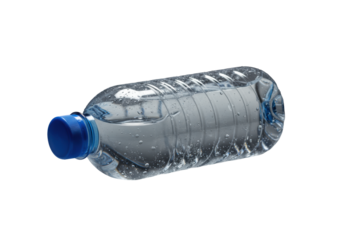 A pristine, ergonomic, transparent plastic water bottle with sapphire-blue cap, condensation, and rippling water, macro close-up, low-angle, backlit on transparent studio background, concept of pure