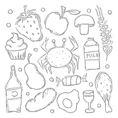 Whimsical line art collection of diverse foods and treats for creative projects isolated on transparent background