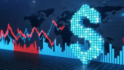 Digital dollar sign and financial charts on a world map background symbolizing global economy - Powered by Adobe
