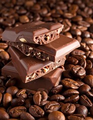 Dark chocolate bar pieces stacked atop a bed of coffee beans