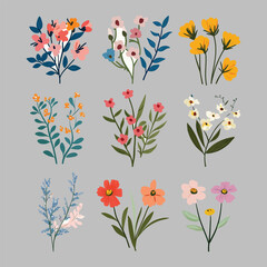 Nine diverse floral arrangements with delicate watercolor textures and earthy tones isolated on transparent background