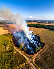 Aerial view of a large, burning field