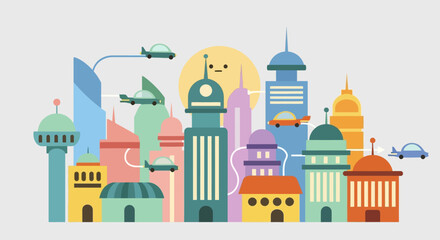 Fototapeta premium Vibrant Cityscape with Modern and Futuristic Buildings and Flying Cars.