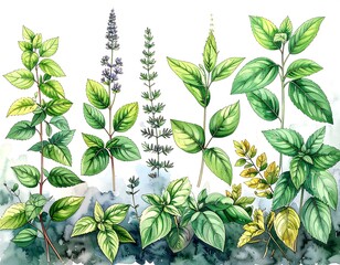 Botanical illustration of various herbs.  Colorful depiction of different types of mint,  lavender, and other leafy plants.  Watercolor-style rendering on a white background.  Rocky ground base