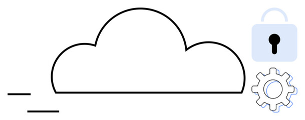 Cloud surrounded by a padlock and gear icon symbolizing secure data storage and system settings configuration. Ideal for cloud computing, cybersecurity, data safety, storage, privacy, IT solutions