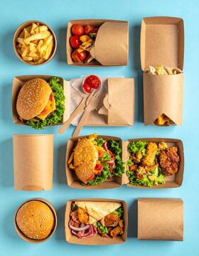 Assorted takeaway food in kraft paper containers on a light blue background.  Various types of burgers, fries, chicken, and a salad are visible