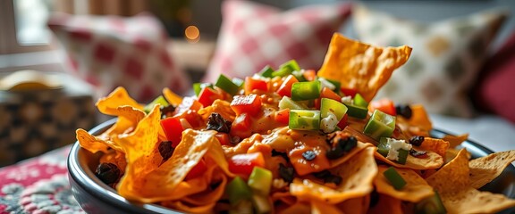 Close-up of delicious nachos being consumed in a cozy home setting, nachos,  dip