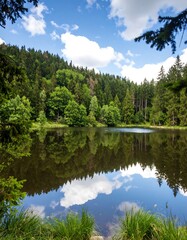 Serene mountain lake reflecting a sky of clouds. Lush forest surrounds a still body of water