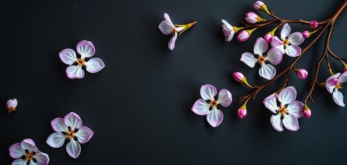 Delicate pink and white blossoms artfully arranged on a dark, textured surface,  image,  photography